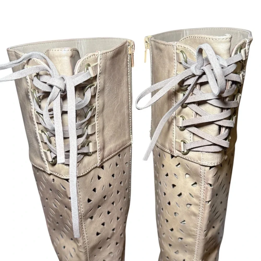 Boutique by Corkys Gabbie Taupe Perforated‎ Lace Up Back Tall Boots Womens 11